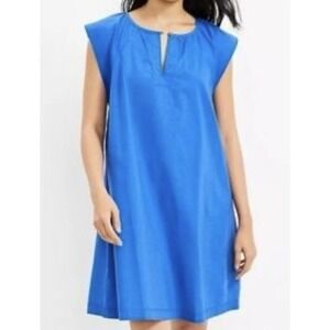 New! Loft Split Neck Swing Dress Sz M Royal Blue Mini Short Sleeve Beach Minimal